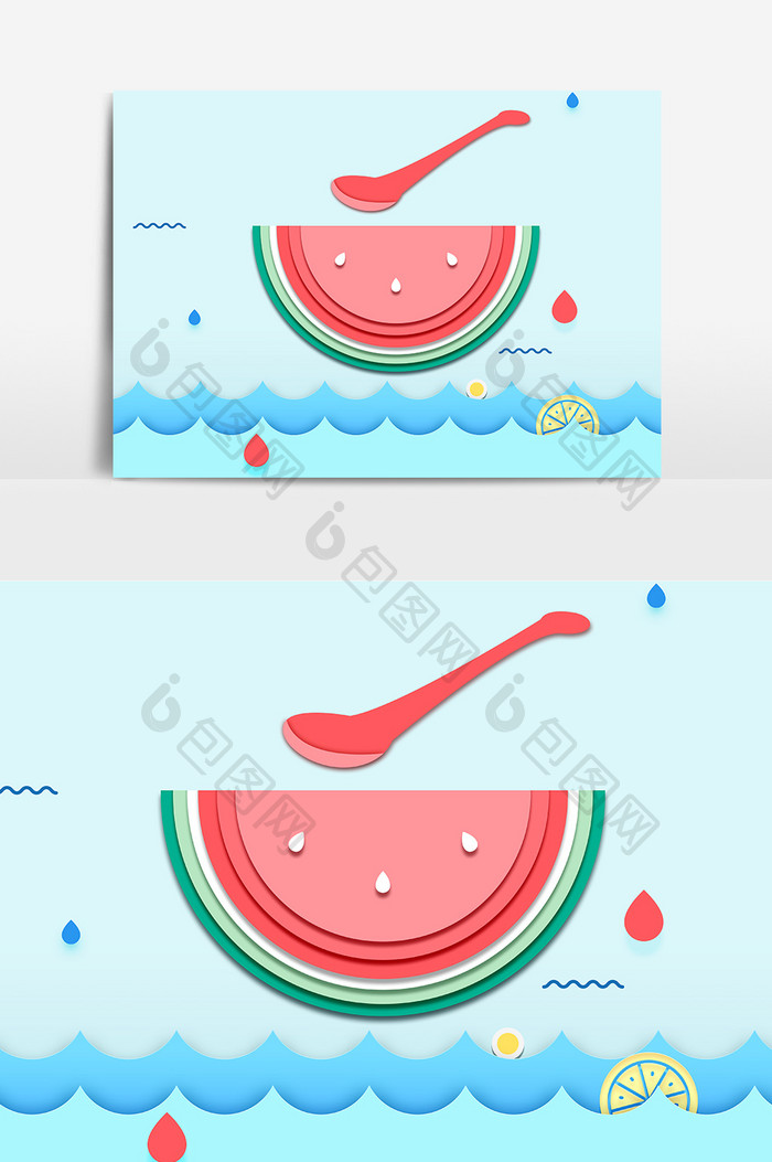 扁平剪纸风格夏日西瓜凉爽装饰素材