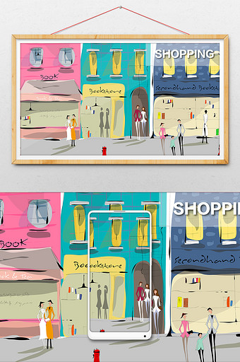 手绘购物节城市配套商业街插画图片