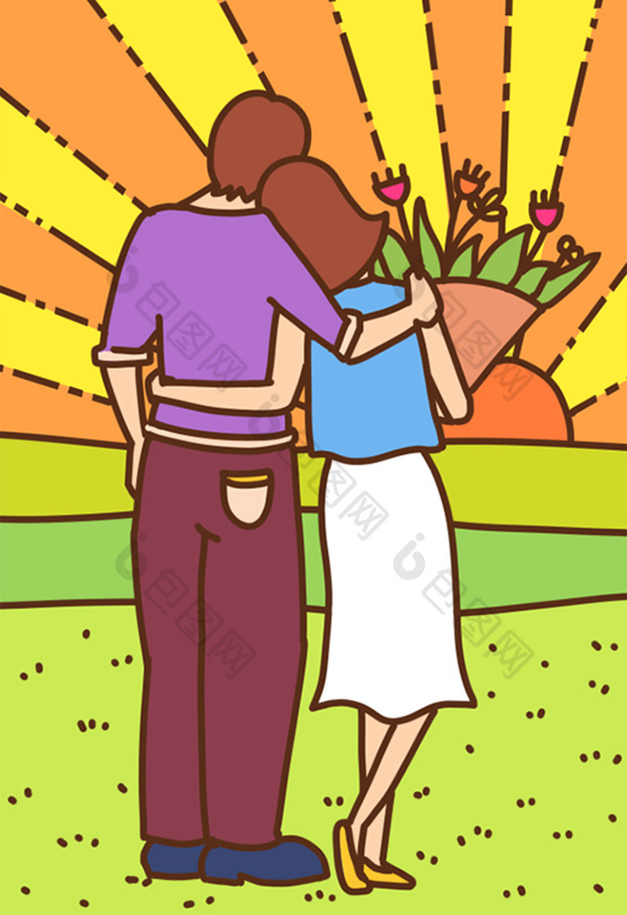 七夕情人节浪漫夕阳依偎插画图片