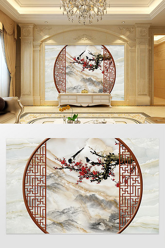 中式古典梅花枝花鸟大理石背景墙图片