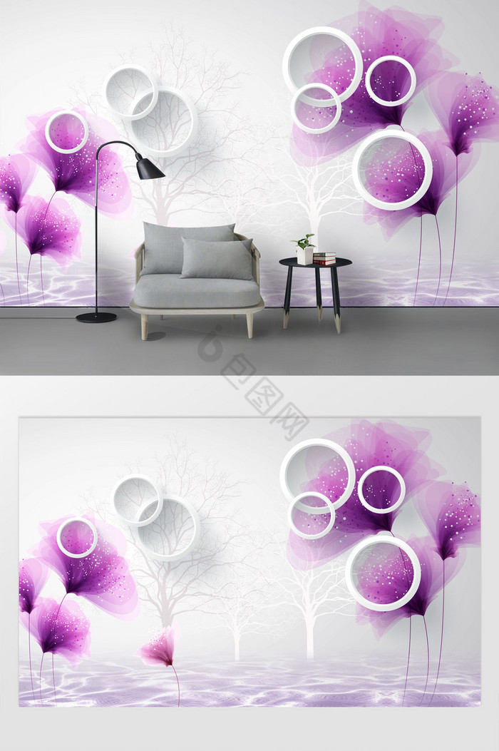 现代时尚简约梦幻紫色花朵3D立体圆圈背景图片