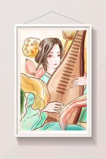 水彩手绘小清新琵琶少女插画图片