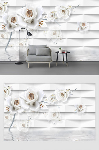 现代白色简约浮雕玫瑰3d背景墙图片