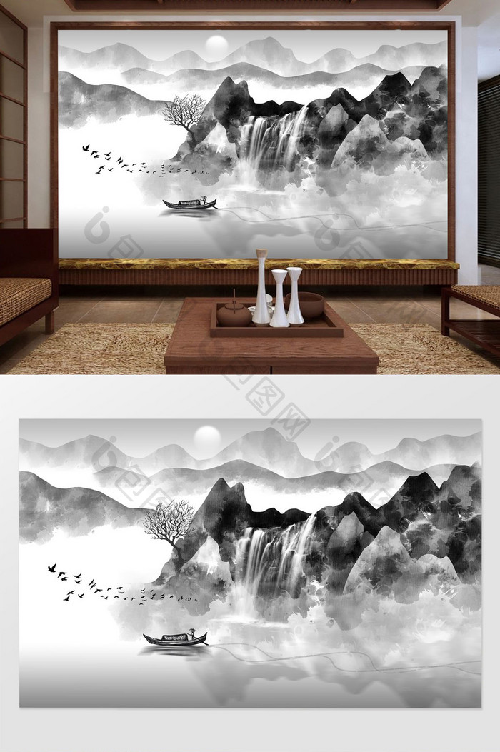 新中式瀑布山水画水墨背景墙
