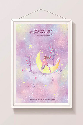 紫色月亮小女孩数星星插画图片