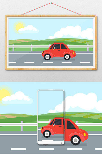 小汽车行驶公路背景插画图片