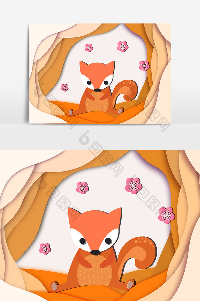 剪纸风卡通狐狸动物元素