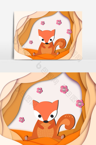 剪纸风卡通狐狸动物元素图片