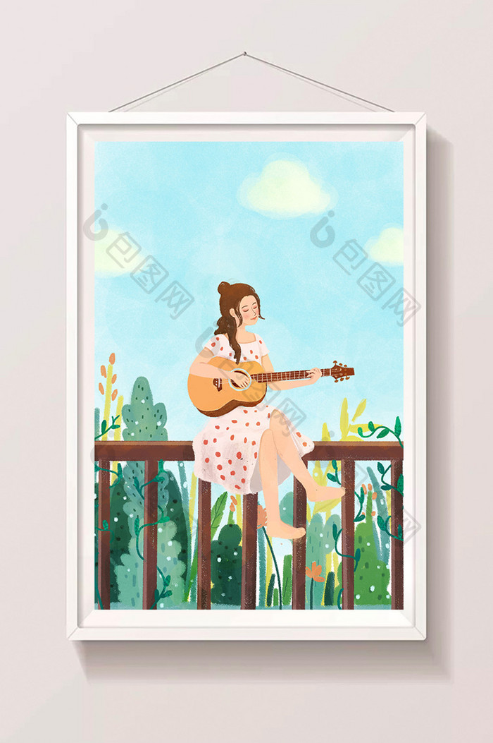 唯美小清新女孩暑假室外弹吉他插画