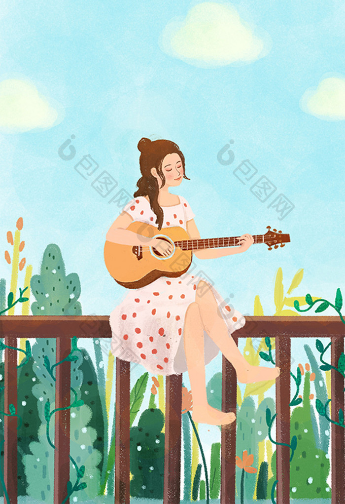 唯美小清新女孩暑假室外弹吉他插画