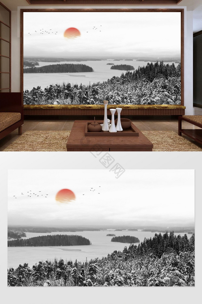 新中式意境风山水电视背景墙定制图片