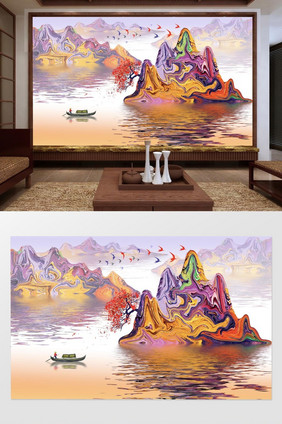 新中式彩色抽象山水画背景壁画