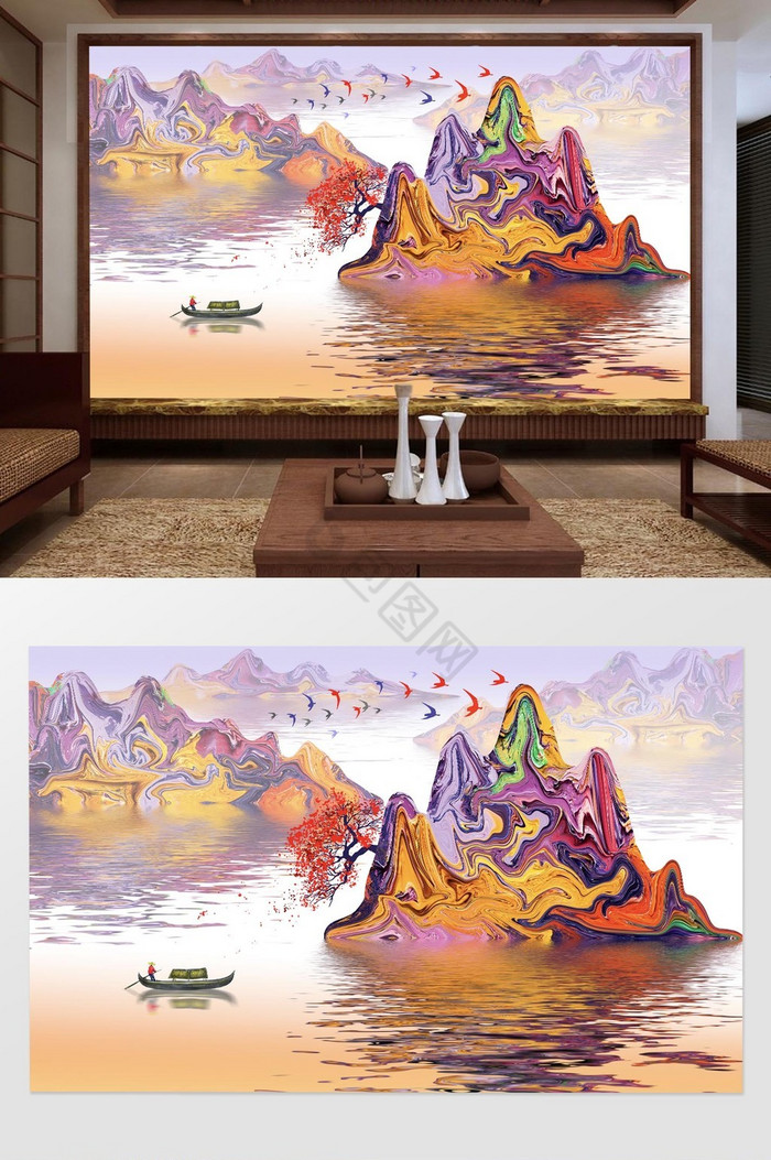 新中式彩色抽象山水画背景壁画图片