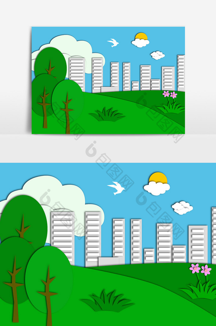 绿色城市剪纸插画