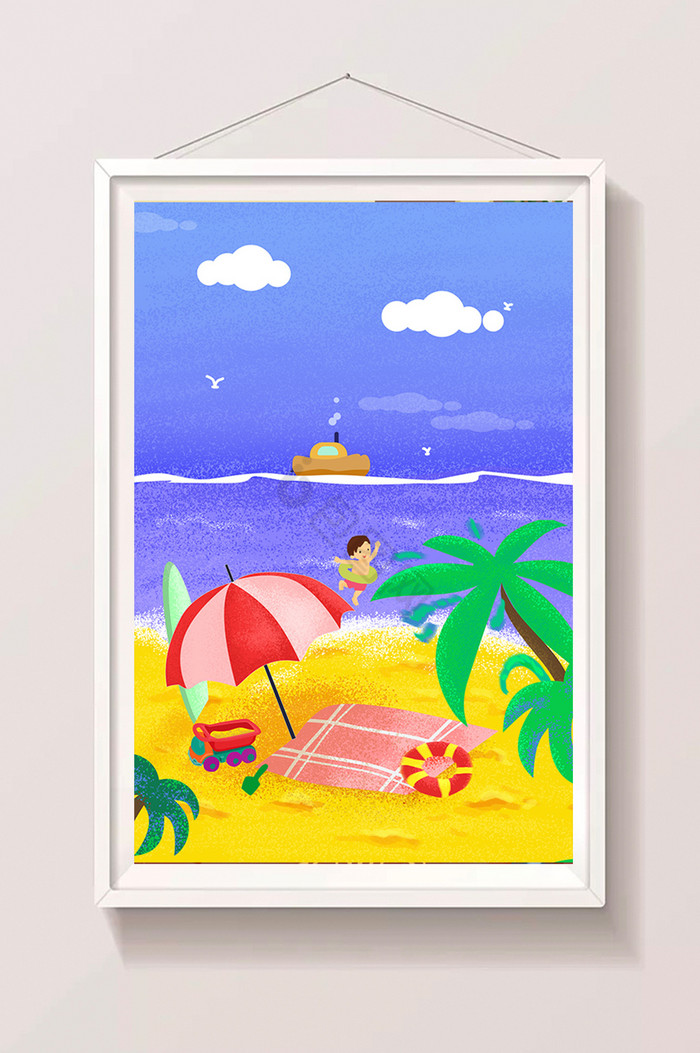 儿童暑假大海沙滩游玩插画图片