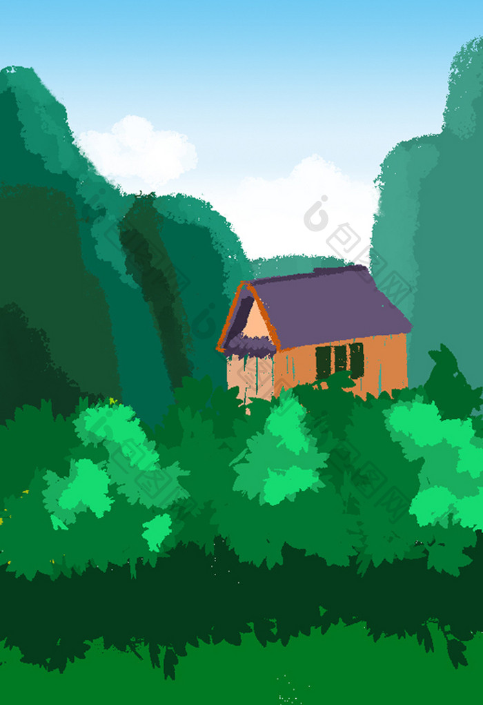 小清新山谷的房子蓝天白云草丛背景