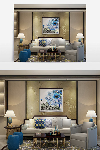 新中式沙发茶几max组合图片