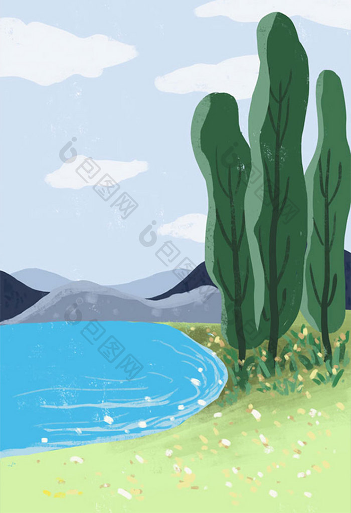 夏天大暑旅游风景河流海报手绘插画背景素材
