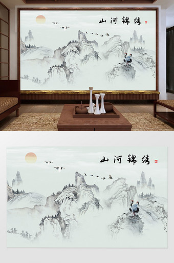 中式水墨山水背景山河锦绣电视沙发背景墙图片