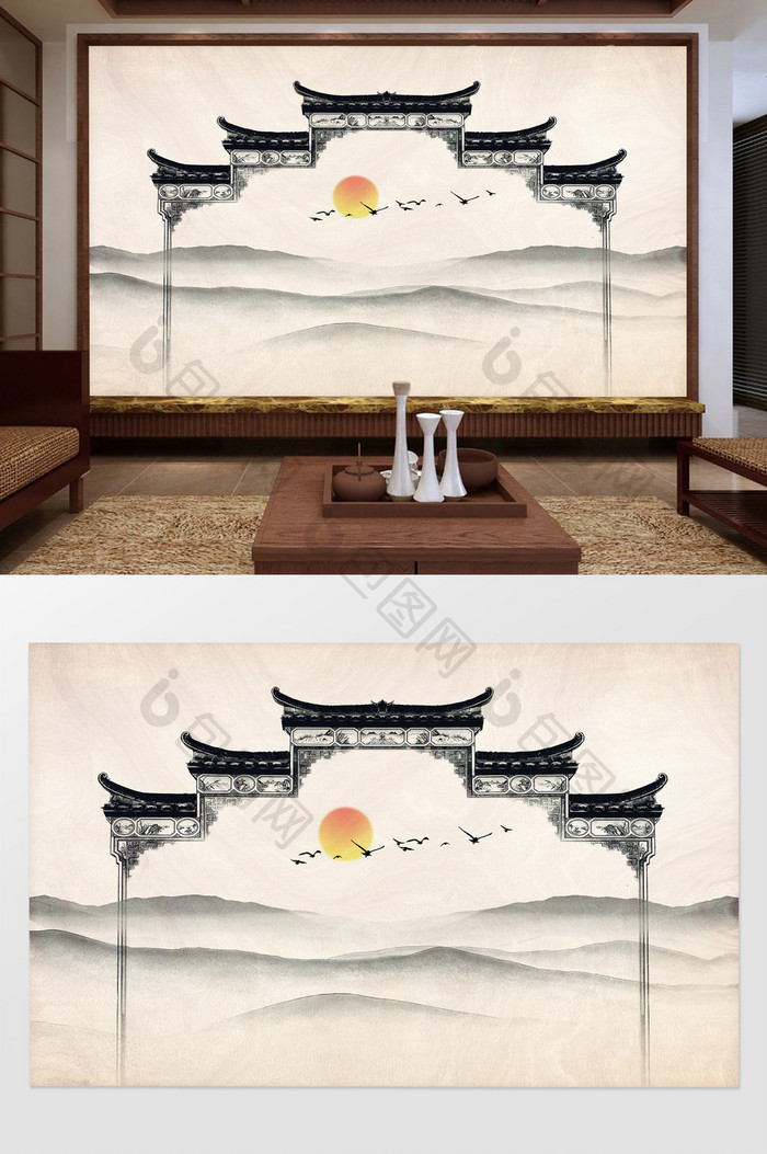 新中式水墨写意徽派远山飞鸟太阳背景墙装饰