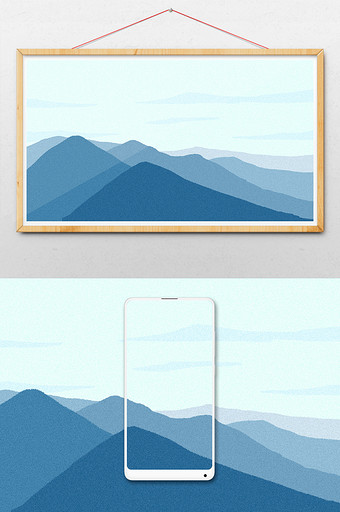 蓝色调唯美扁平风格远山云海插画背景图片