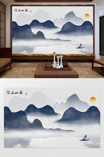 新中式意境禅意抽象水墨山水电视背景墙图片