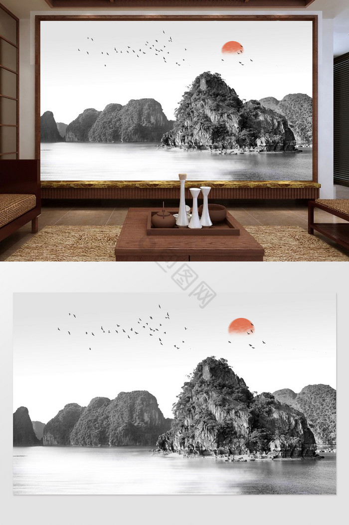 新中式意境风山水日出电视背景墙图片