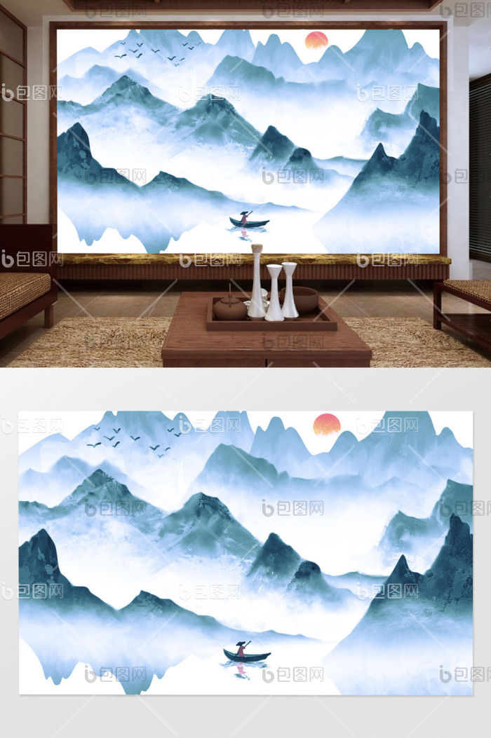 新中式彩色渐变水墨山水背景墙效果图-【包图网】