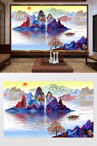 新中式炫彩抽象写意山水画背景壁画图片