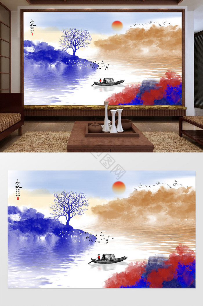 新中式抽象泼墨山水画背景壁画