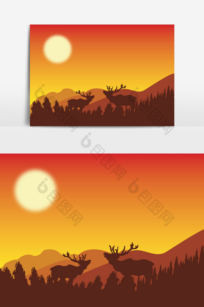 卡通手绘扁平鹿日落元素图案素材