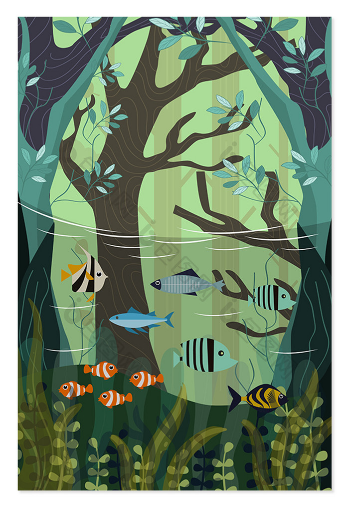 卡通森林生态环境湿地海报背景