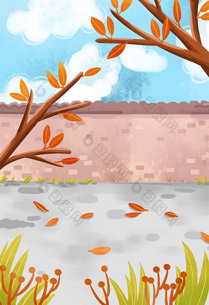 卡通手绘初秋墙壁草丛风景