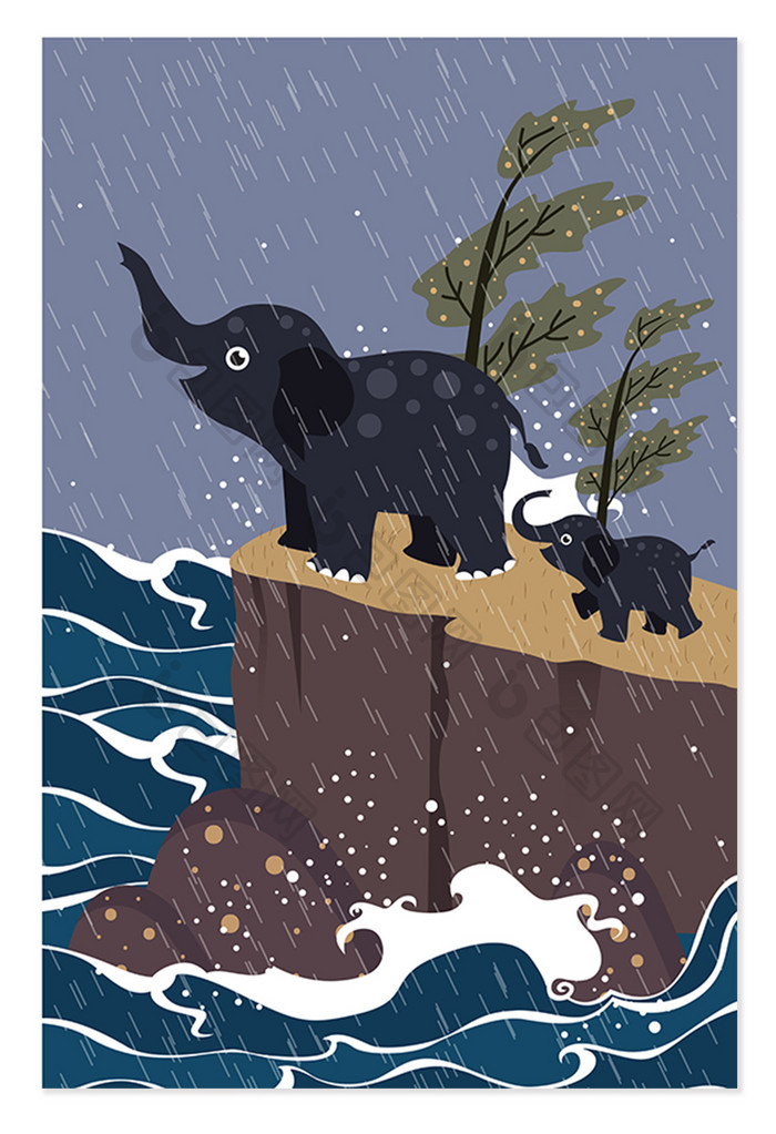 海边绝望大象保护动物插画海报背景