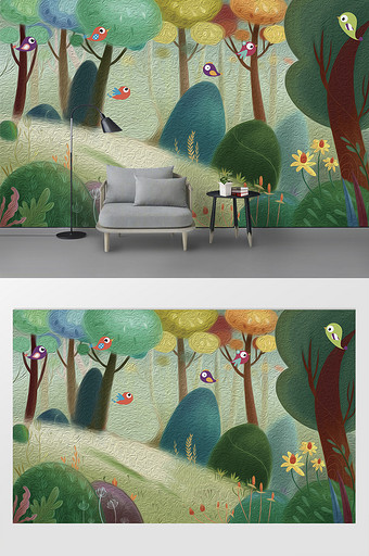 现代唯美清新绿色花卉  插画抽象背景墙图片