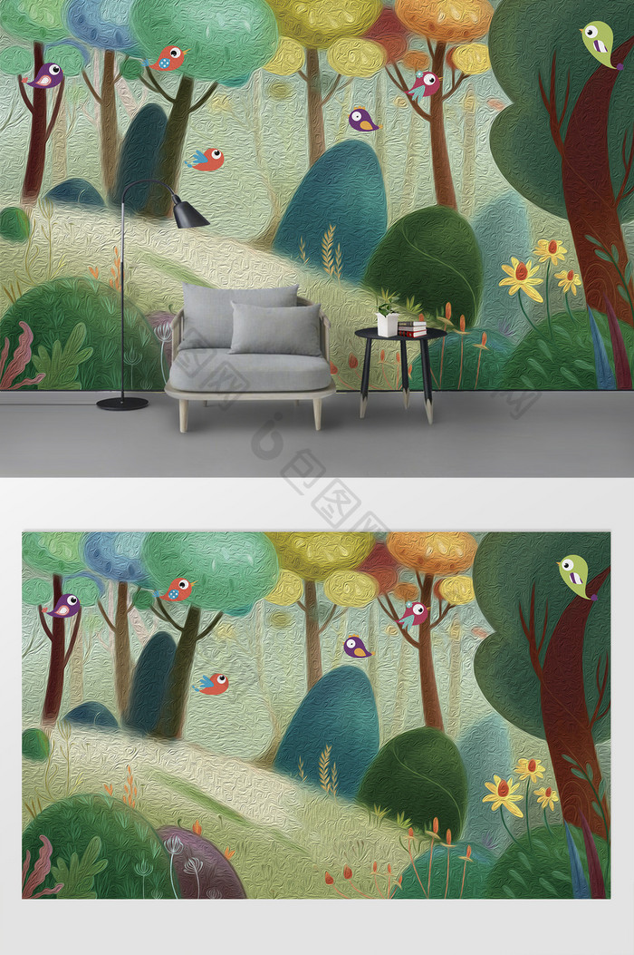 现代唯美清新绿色花卉  插画抽象背景墙