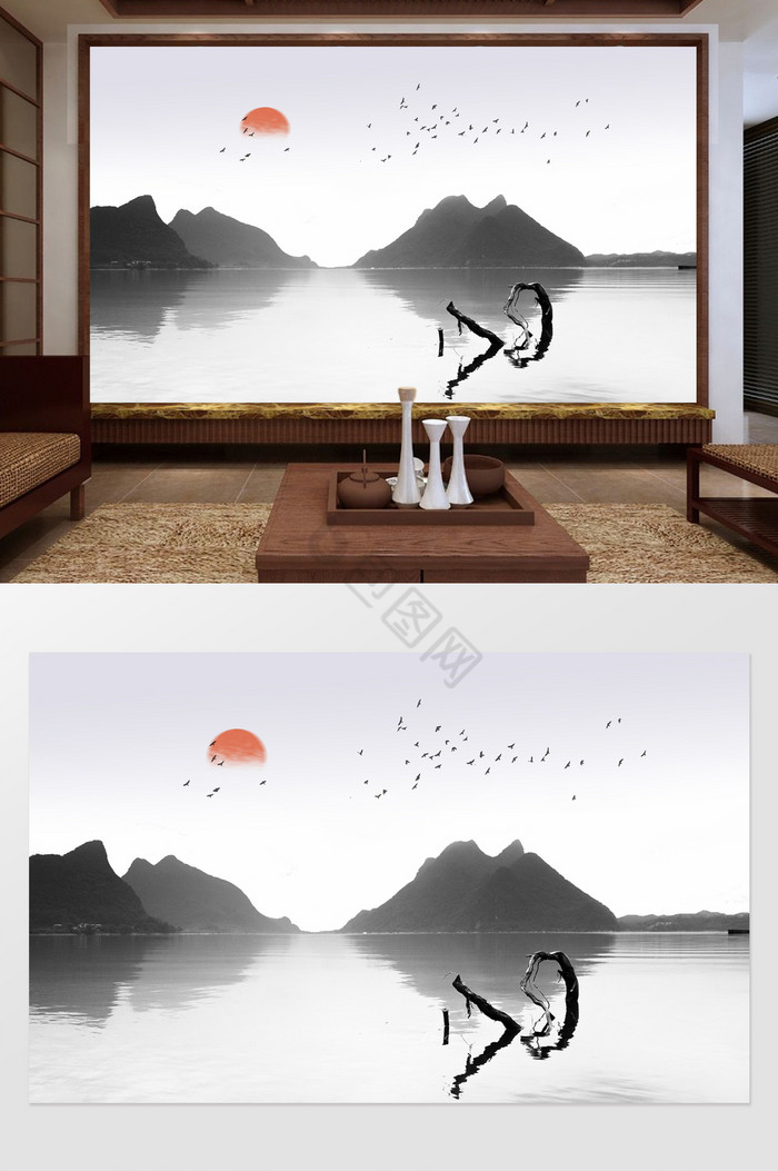 新中式山水意境日出日落背景墙定制图片