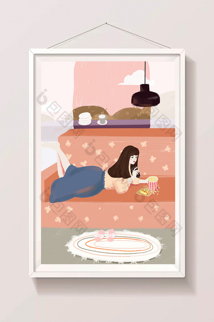 女孩卧室沙发吃零食插画图片