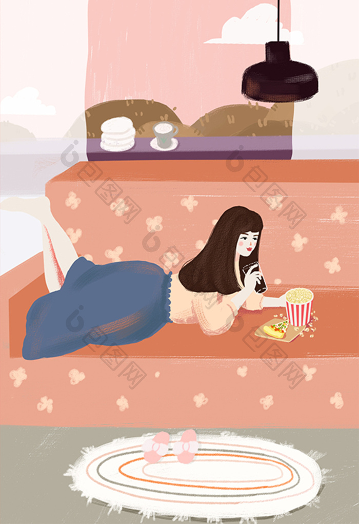 女孩卧室沙发吃零食插画图片