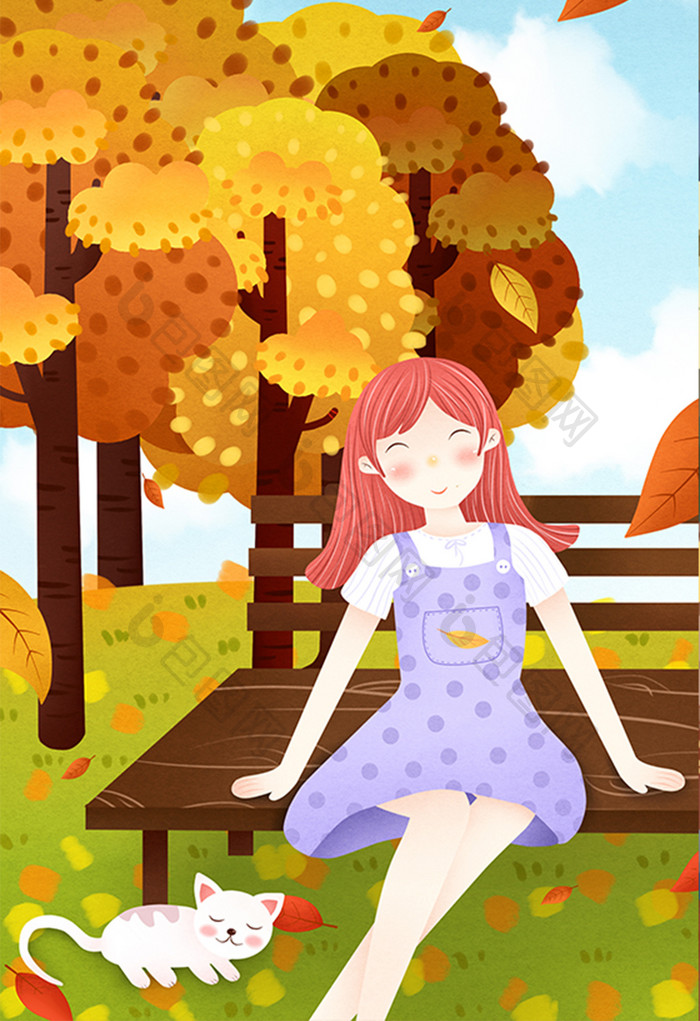 森林中的女孩立秋节气插画设计