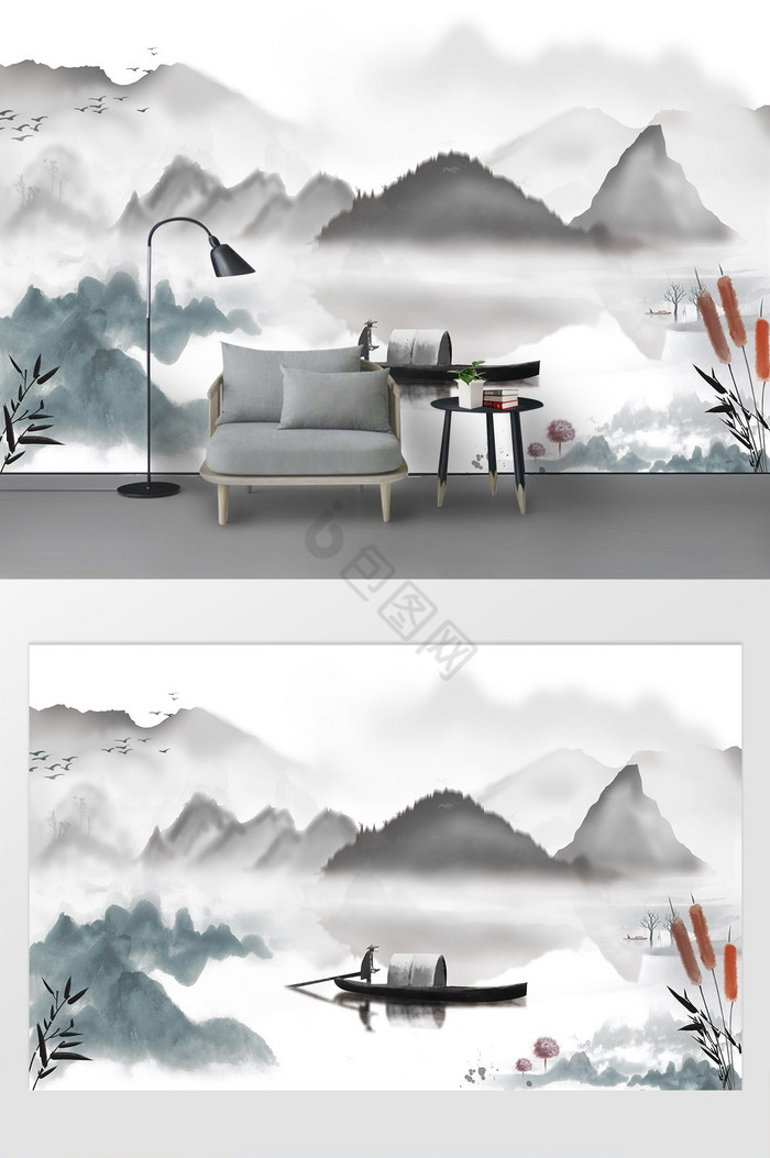 新中式彩墨山水背景墙图片