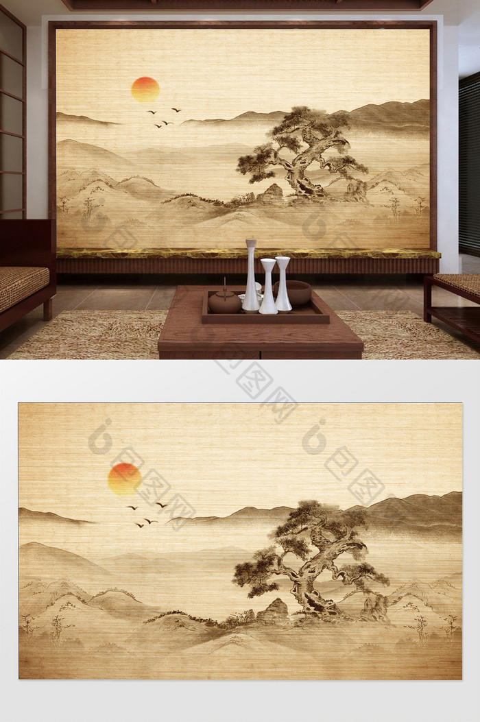 新中式水墨意境飞鸟夕阳太阳远山奇树背景墙