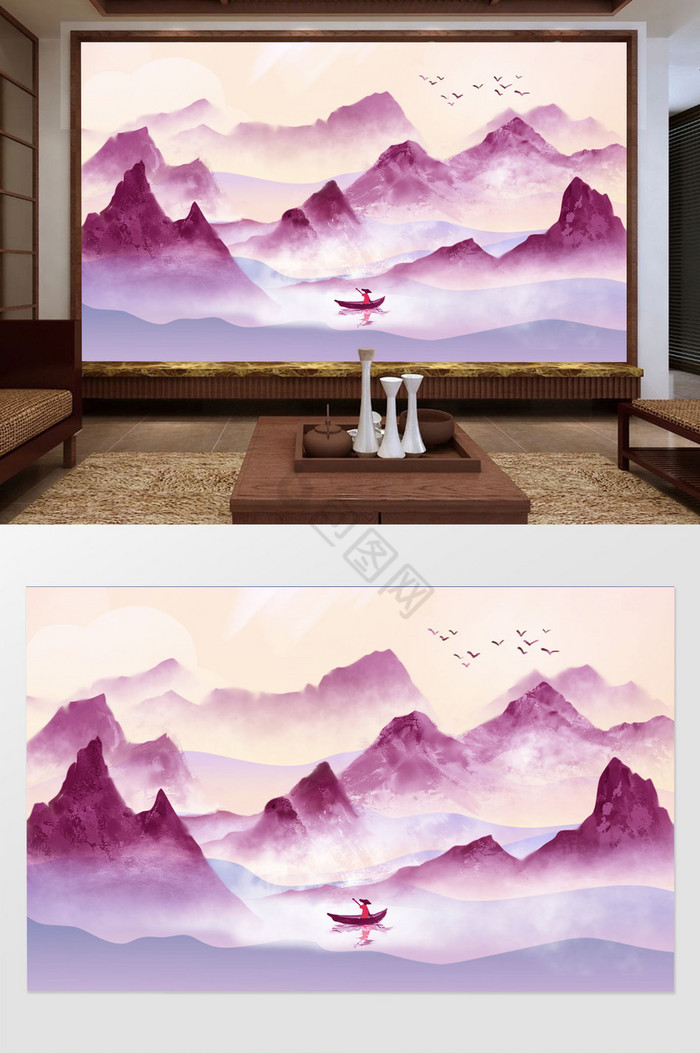 新中式彩色水墨山水装饰背景墙图片