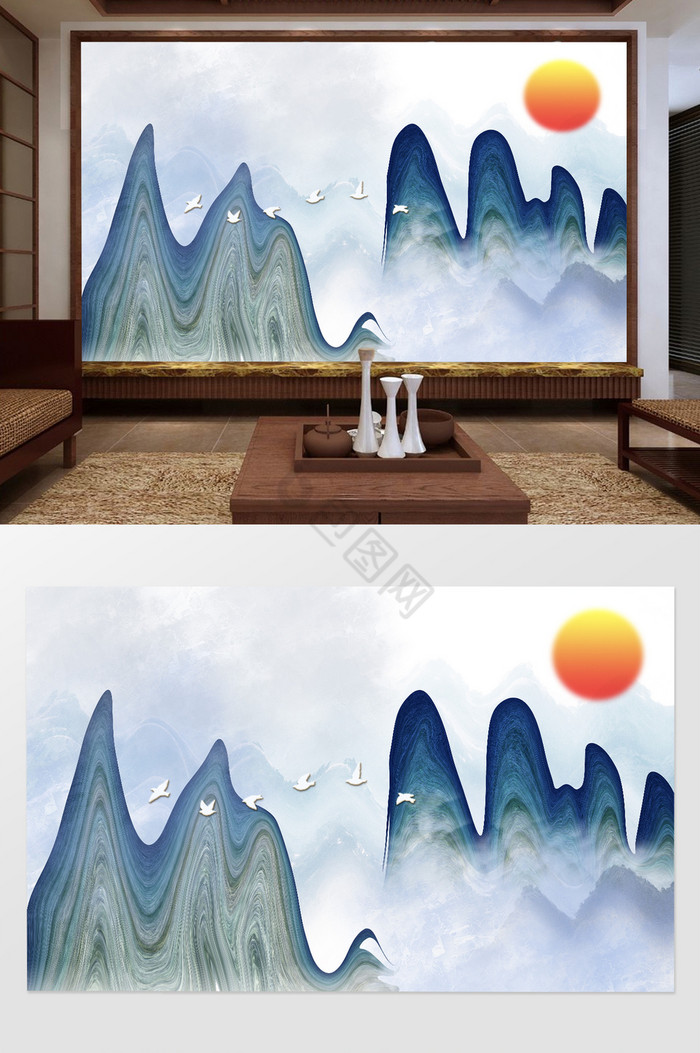 新中式抽象山水飞鸟电视背景墙图片
