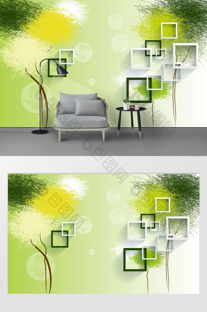 现代时尚简约手绘抽象树绿色唯美背景墙