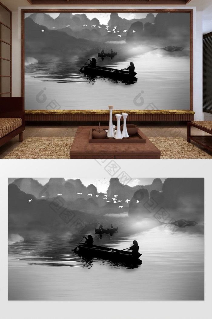 新中式水墨船只电视背景墙
