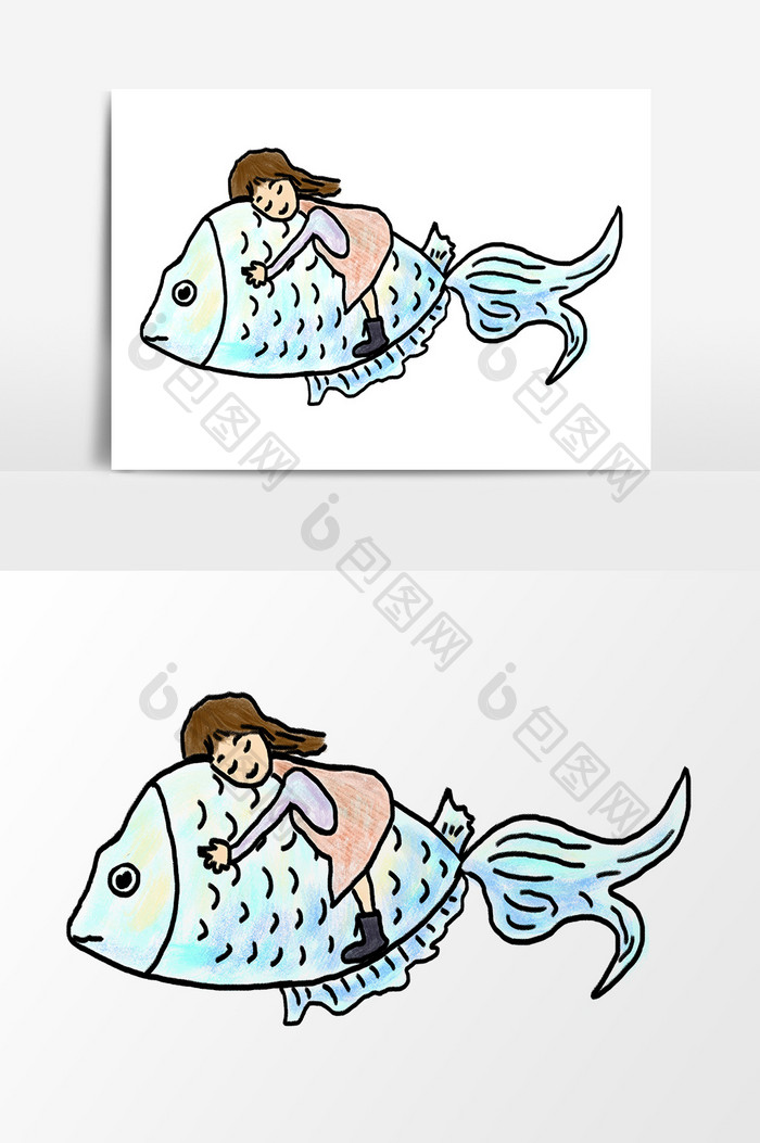手绘卡通夏季抱着大鱼的女孩元素