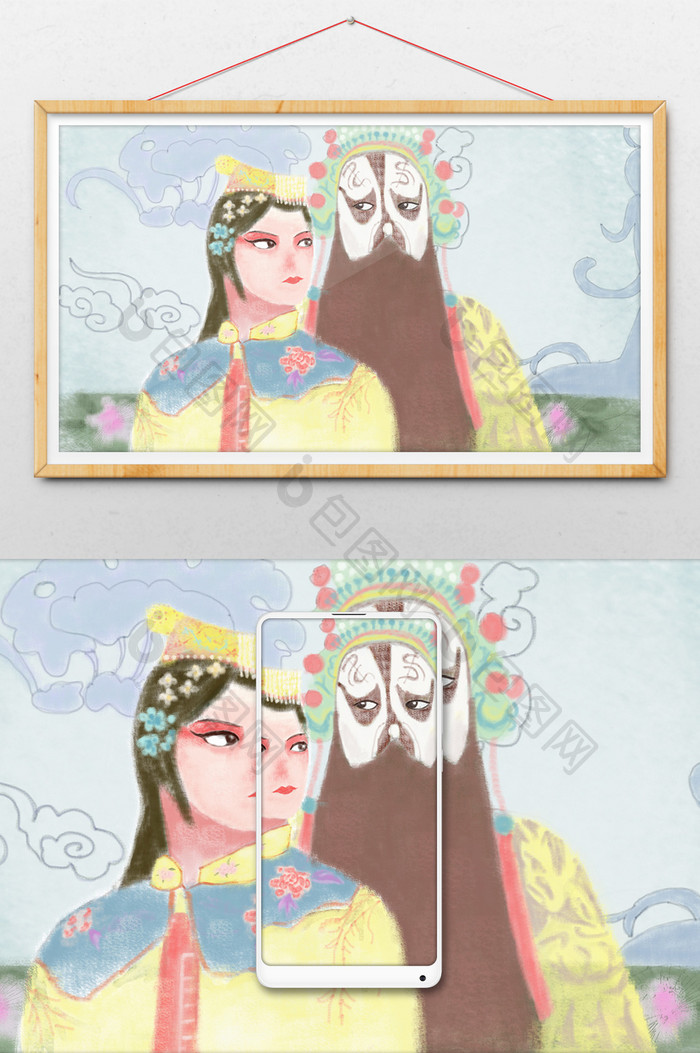 唯美中国风中国传统文化京剧霸王别姬插画