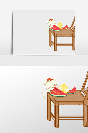 偷西瓜的猫咪插画元素图片