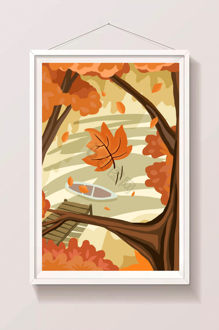 秋季落叶湖边插画图片